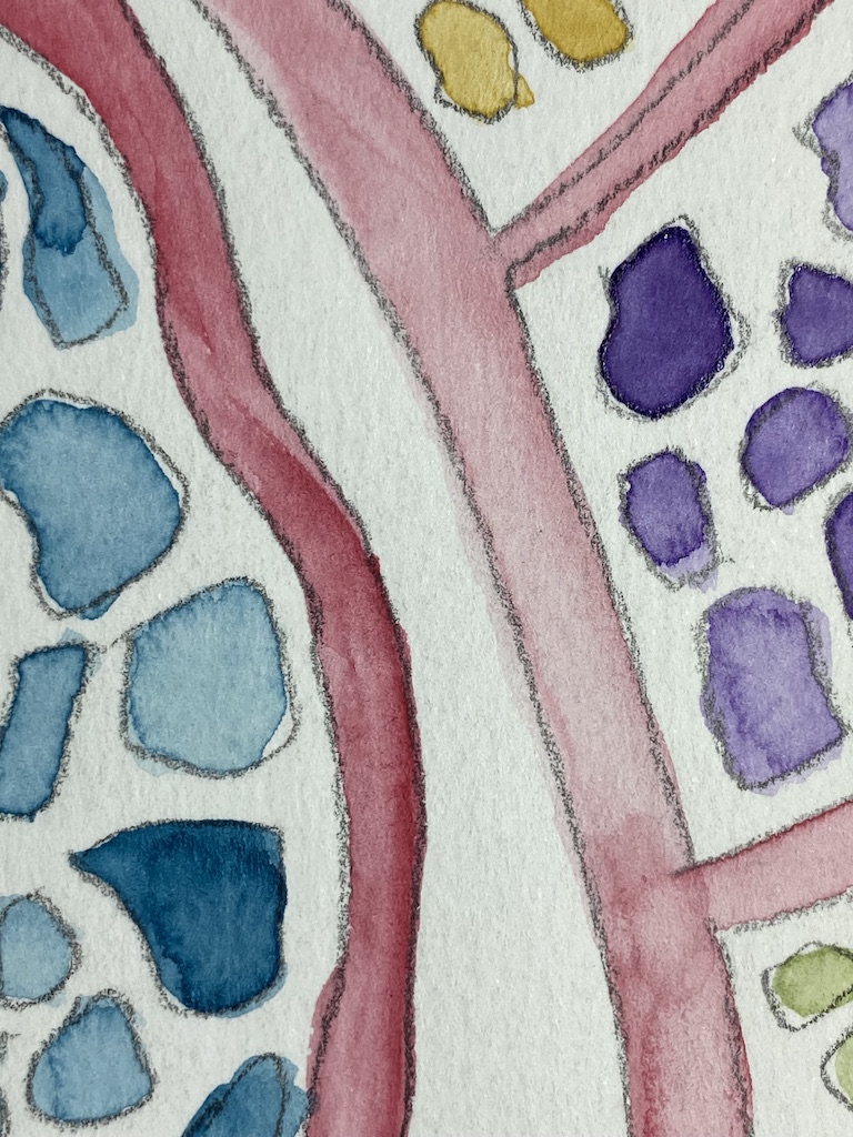 acquerello colorato a tesserine viola blu gialle con strisce rosse